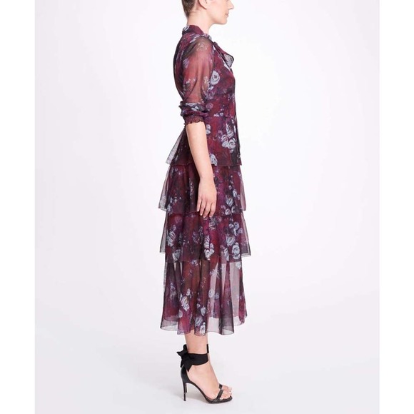 Marchesa Floral‎ Chiffon Tiered Midi Dress - Picture 3 of 13